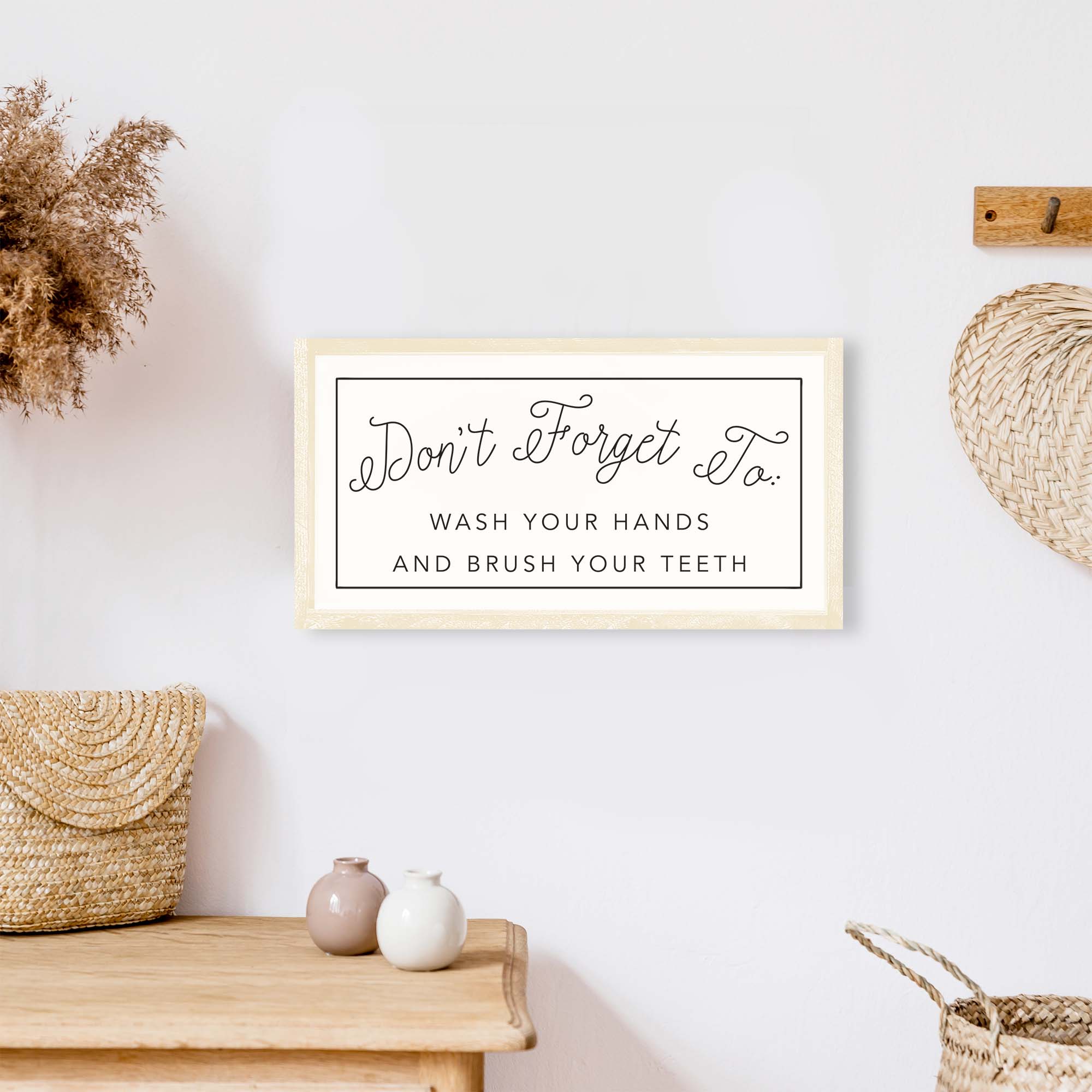 A rustic wood sign with the message 'Don't Forget To Wash Your Hands And Brush Your Teeth', featuring a stained pine frame and waterproof design.