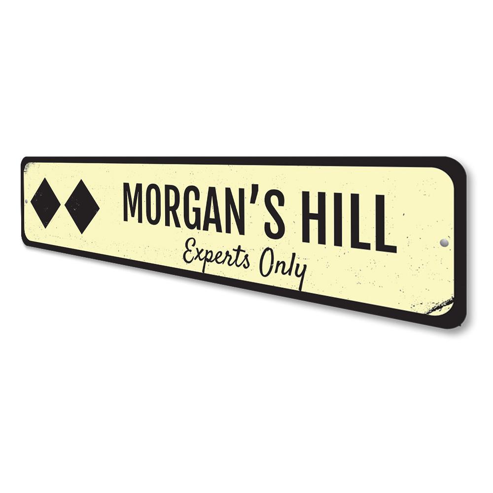 Double Black Diamond Skiing Sign made of durable aluminum, featuring customizable text and pre-drilled holes for easy mounting.