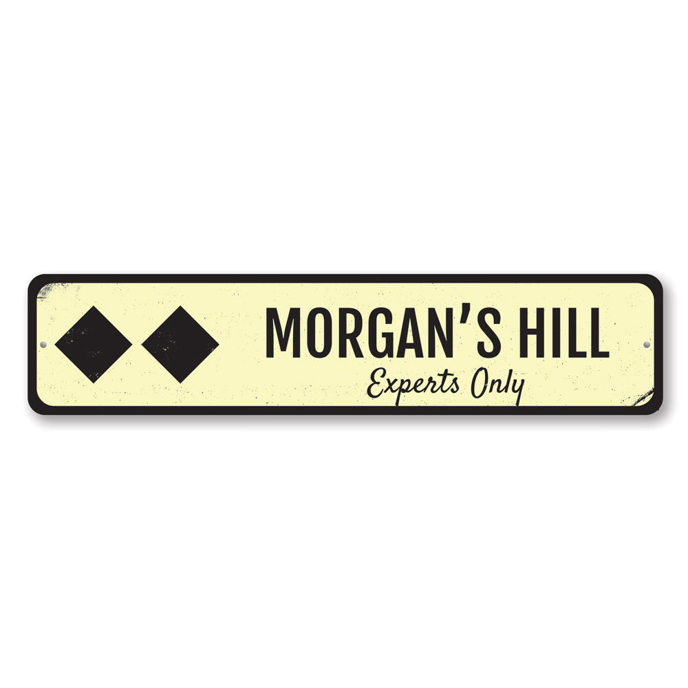 Double Black Diamond Skiing Sign made of durable aluminum, featuring customizable text and pre-drilled holes for easy mounting.