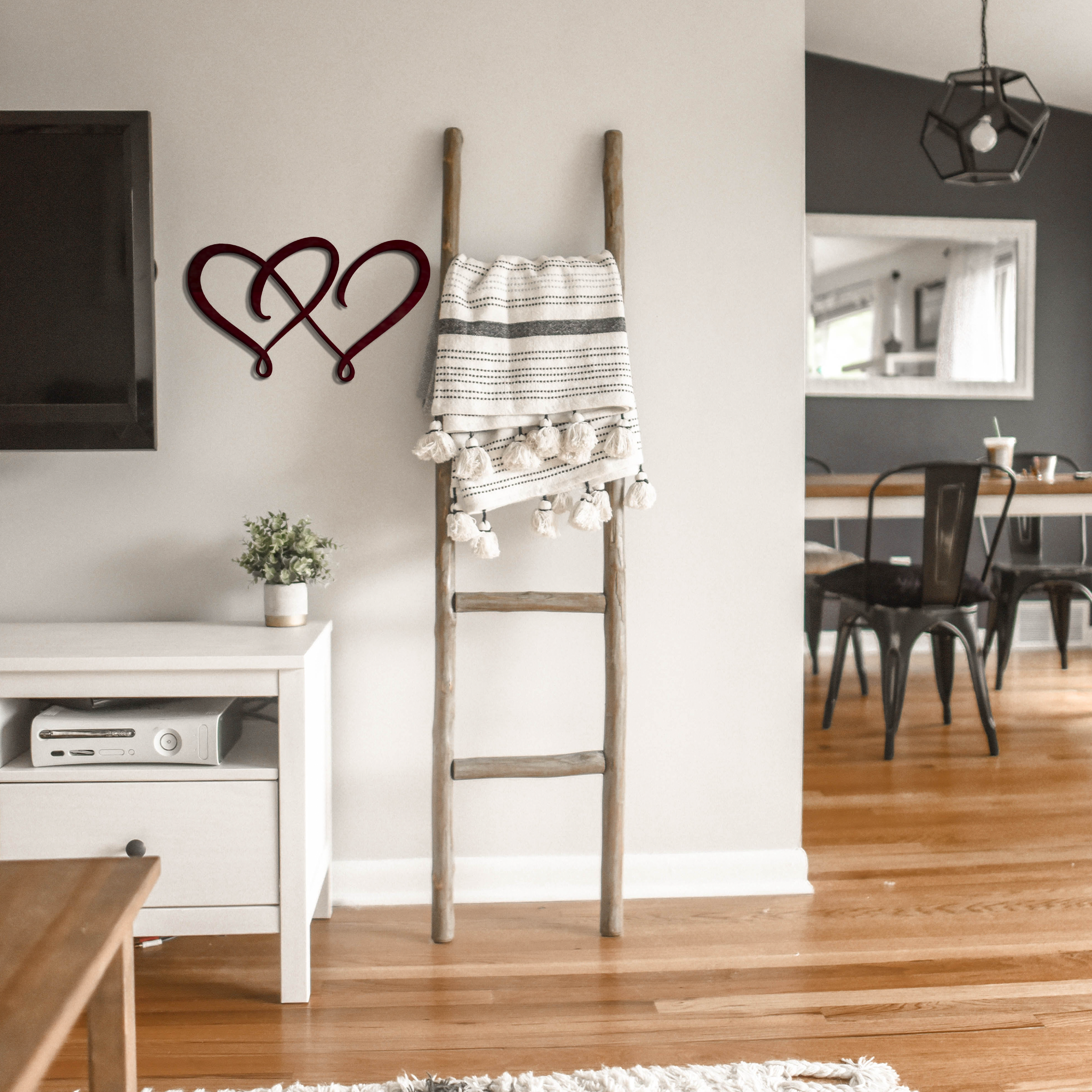 Double Heart Metal Wall Art crafted from high-quality steel, featuring a low gloss finish, symbolizing love and connection.