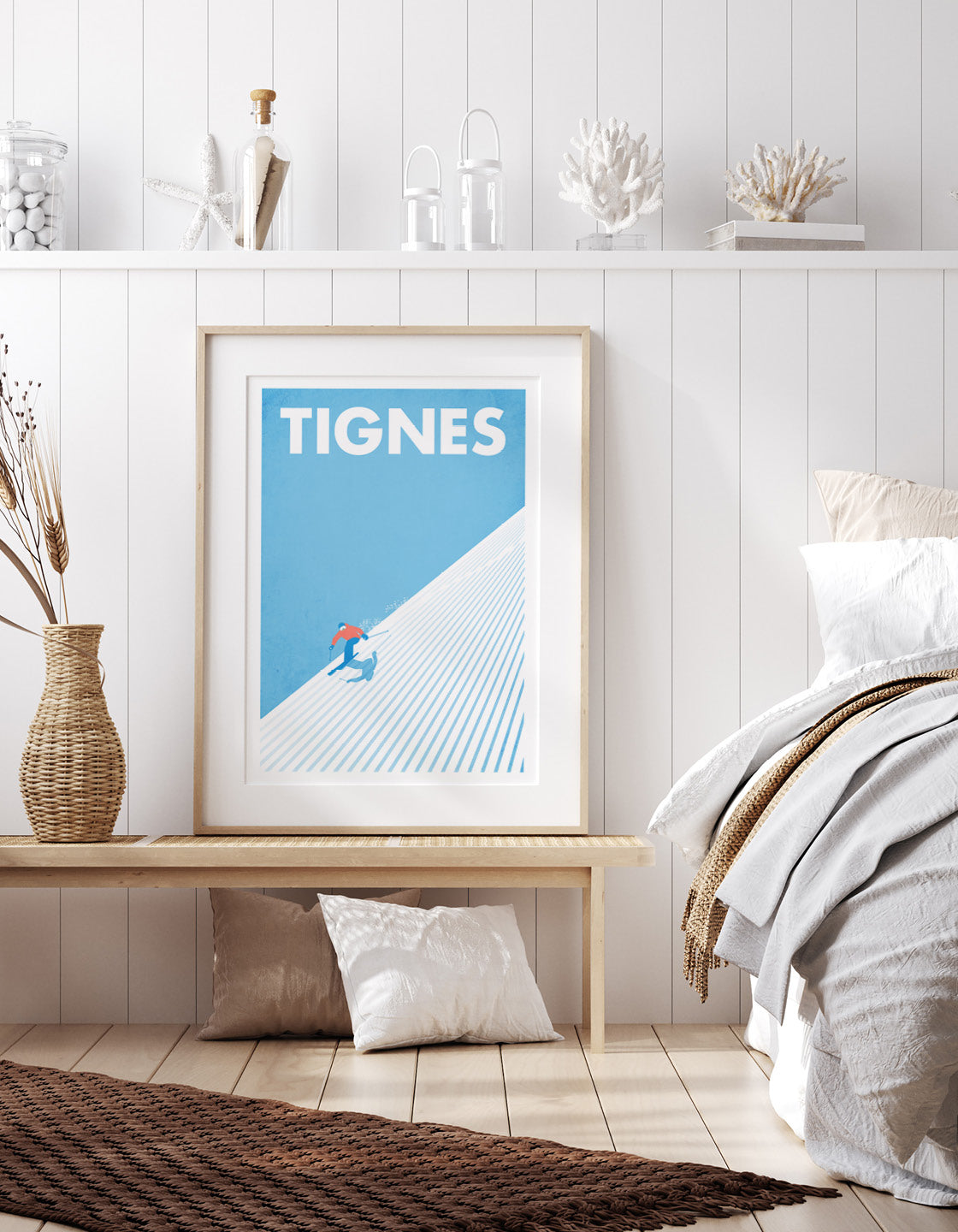 A modern minimalist ski print featuring a sleek design, customizable with personal details, perfect for winter sports decor.