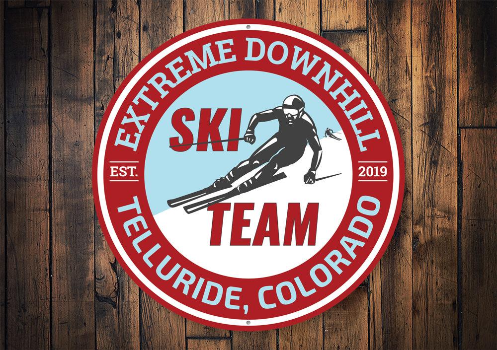 Custom Downhill Ski Team Sign made of high-quality aluminum, featuring a ski-themed design, perfect for ski enthusiasts and lodge decor.