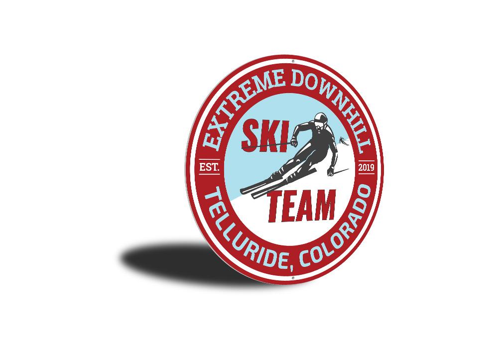 Custom Downhill Ski Team Sign made of high-quality aluminum, featuring a ski-themed design, perfect for ski enthusiasts and lodge decor.