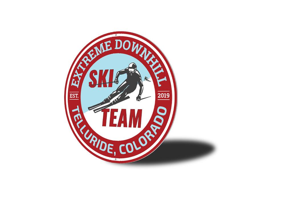 Custom Downhill Ski Team Sign made of high-quality aluminum, featuring a ski-themed design, perfect for ski enthusiasts and lodge decor.