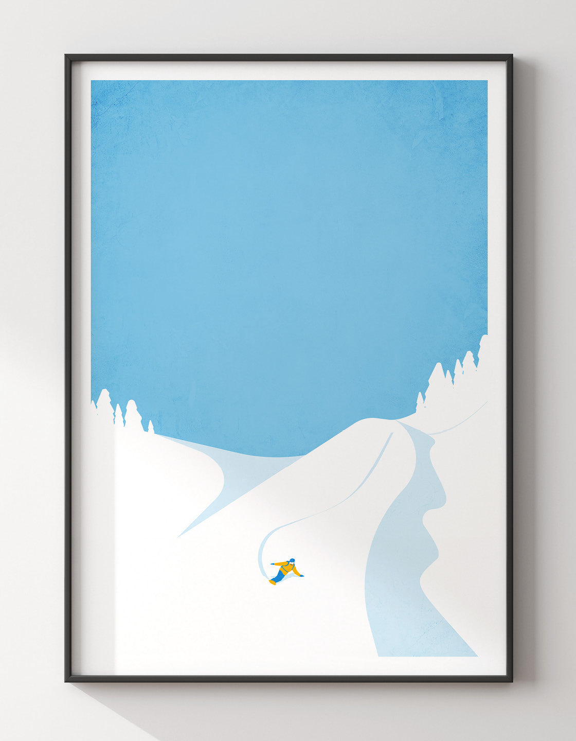 A modern minimalistic print of a downhill snowboarder, showcasing dynamic movement against a snowy backdrop.