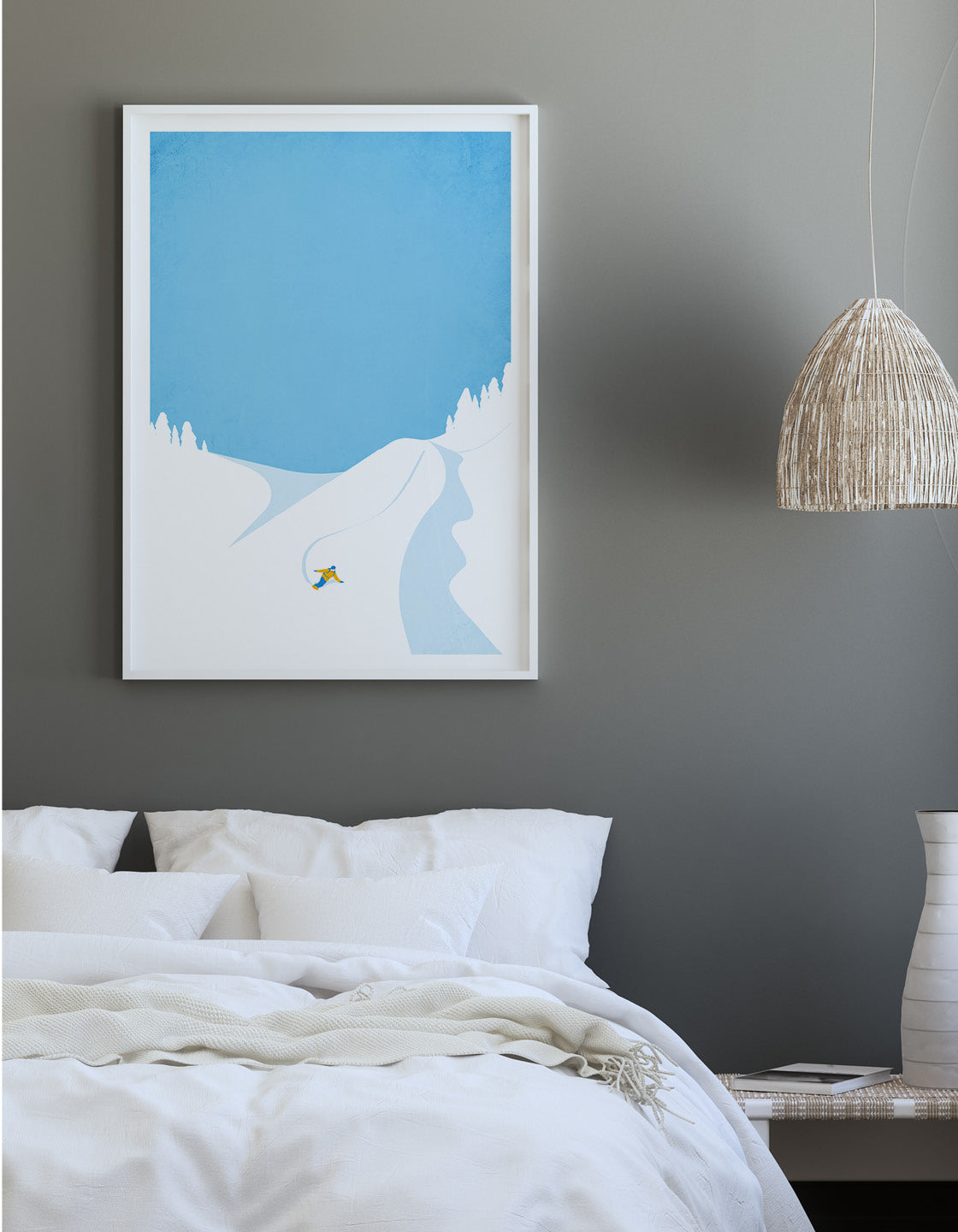 A modern minimalistic print of a downhill snowboarder, showcasing dynamic movement against a snowy backdrop.