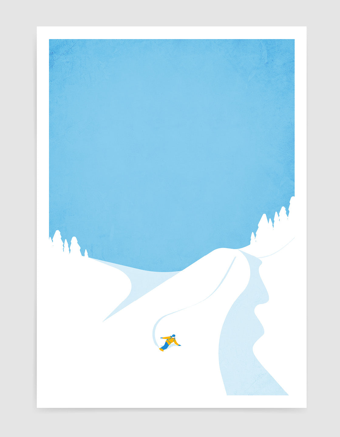 A modern minimalistic print of a downhill snowboarder, showcasing dynamic movement against a snowy backdrop.