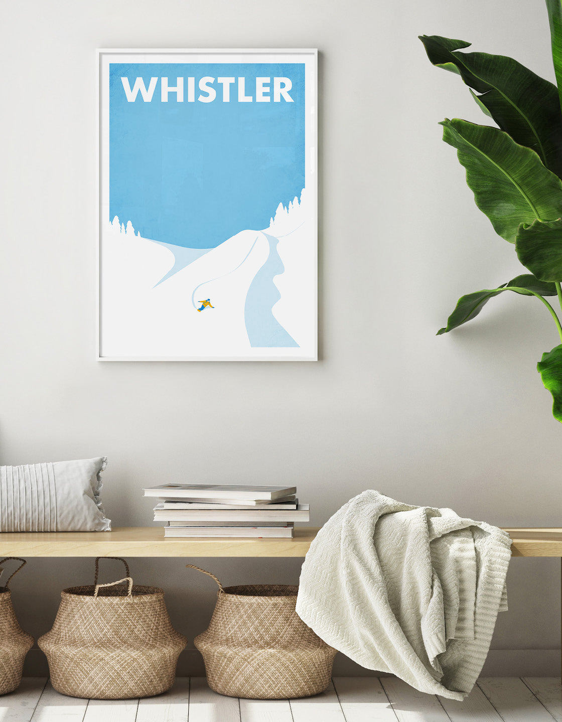 A modern minimalistic print of a downhill snowboarder, showcasing dynamic movement against a snowy backdrop.