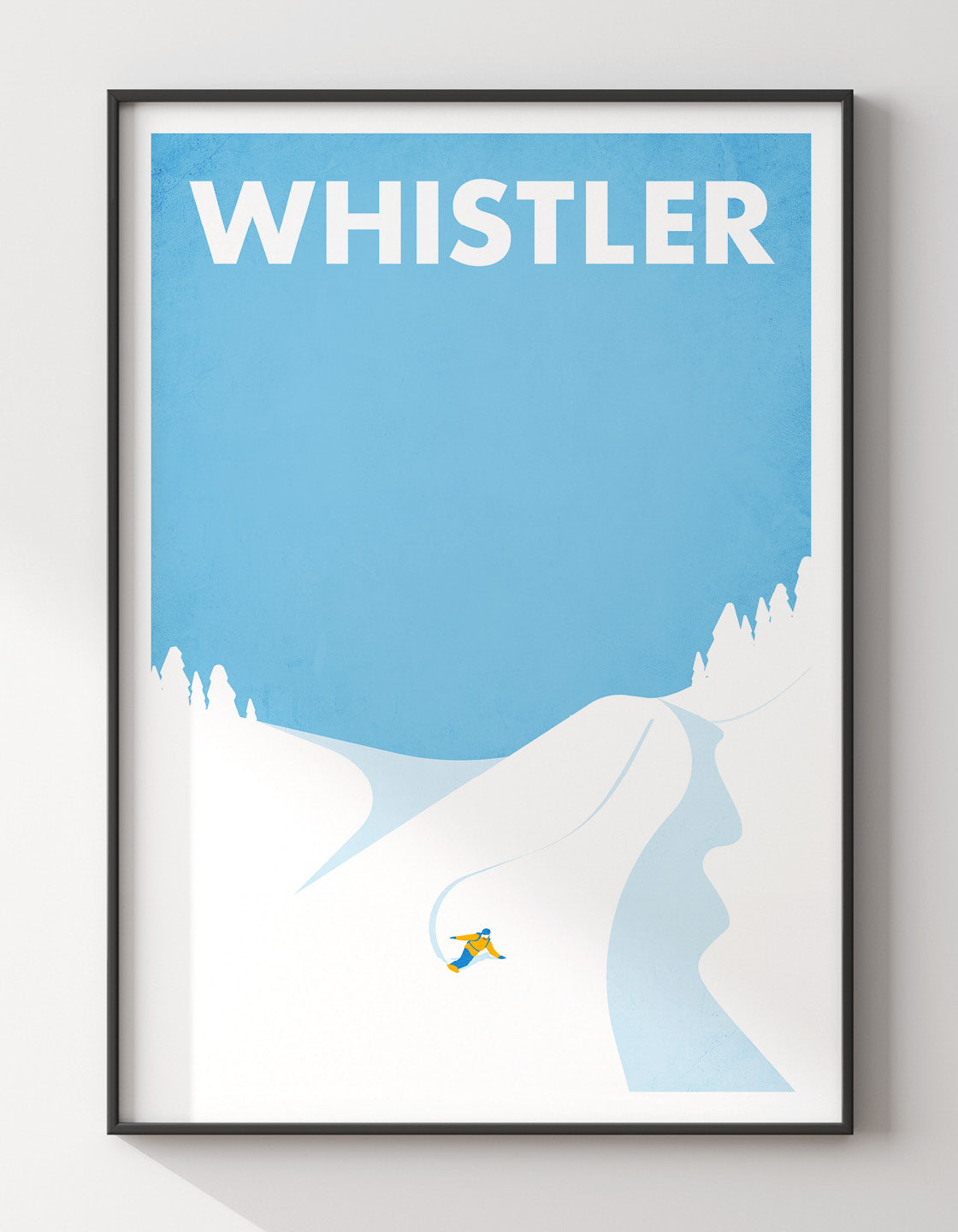 A modern minimalistic print of a downhill snowboarder, showcasing dynamic movement against a snowy backdrop.