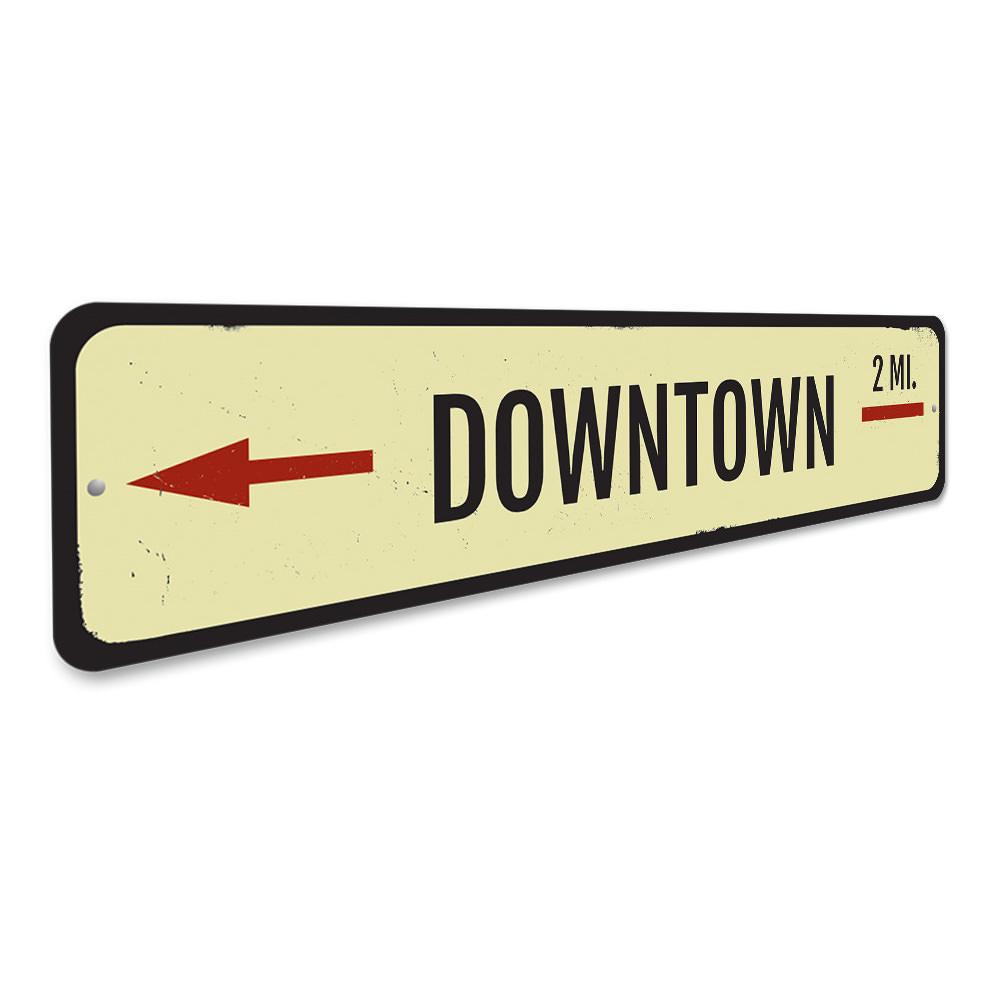 Downtown Mileage Sign made of high-quality aluminum, customizable with personal text, featuring pre-drilled holes for easy mounting.