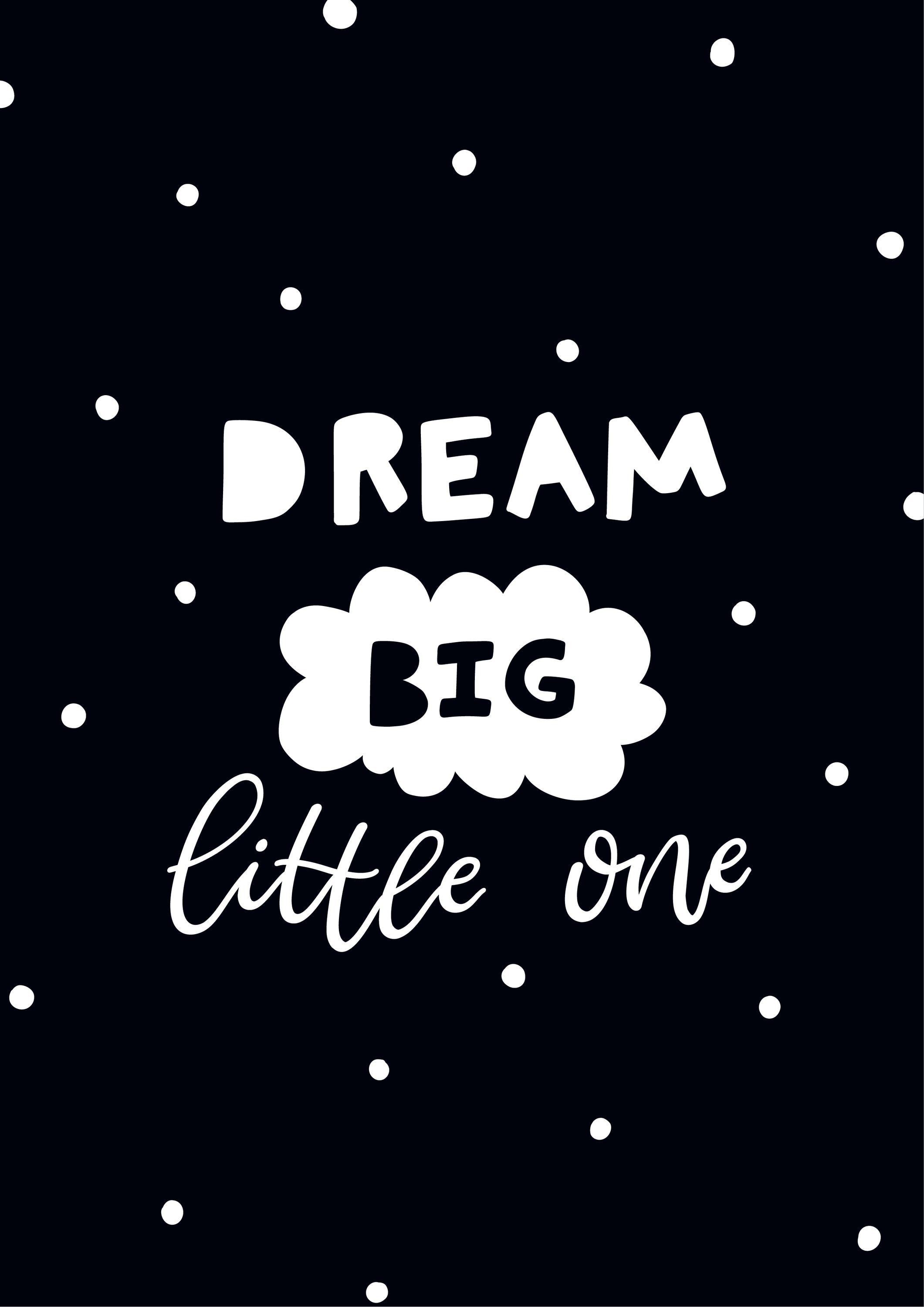 Dream Big Little One Wall Art featuring a motivational quote, designed for modern nurseries, framed with a white matte.