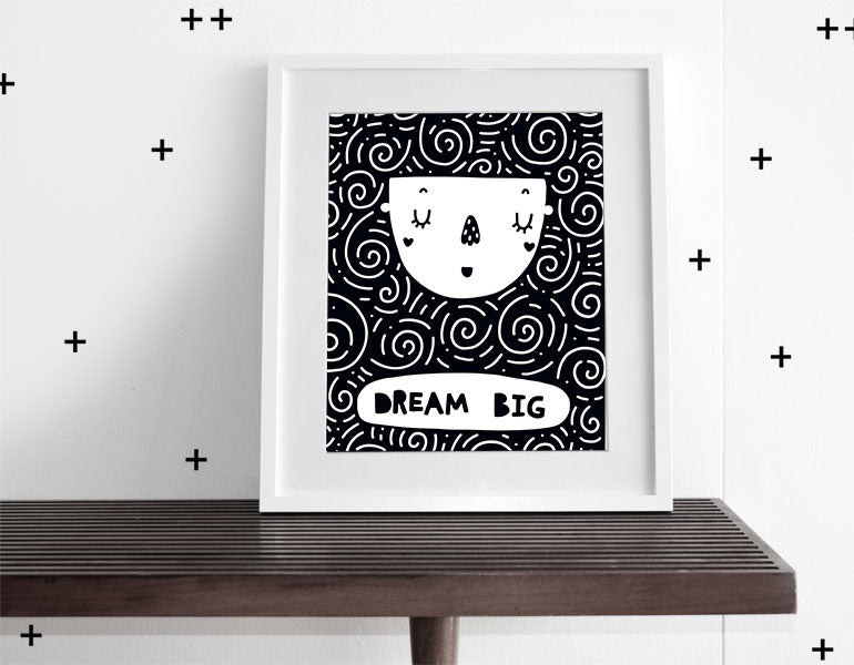 Dream Big Wall Art featuring modern design for nursery decor, printed on heavyweight high-gloss paper with a white matte.