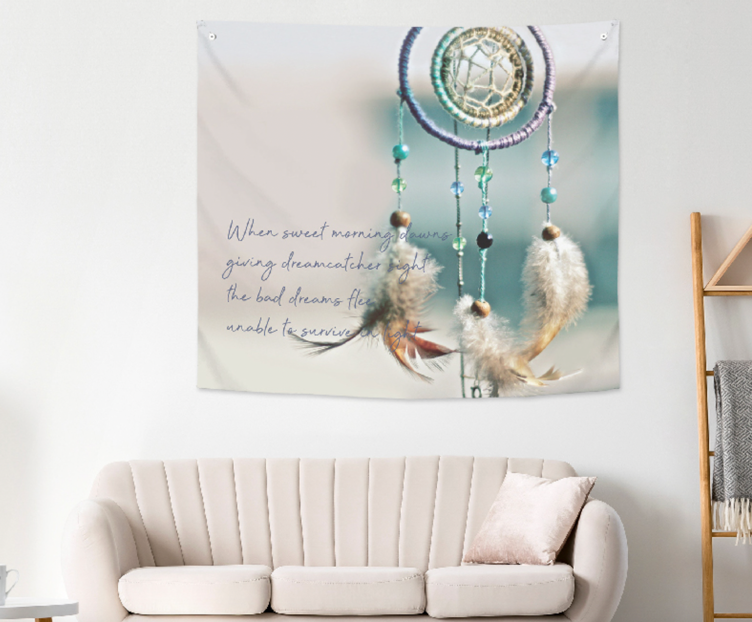 A beautifully designed Dream Catcher fabric poster measuring 150cm x 130cm, showcasing vibrant colors and intricate patterns.