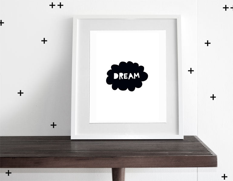 Stylish Dream Wall Art print for modern nurseries, featuring a high-quality design in a white matte, ready for framing.