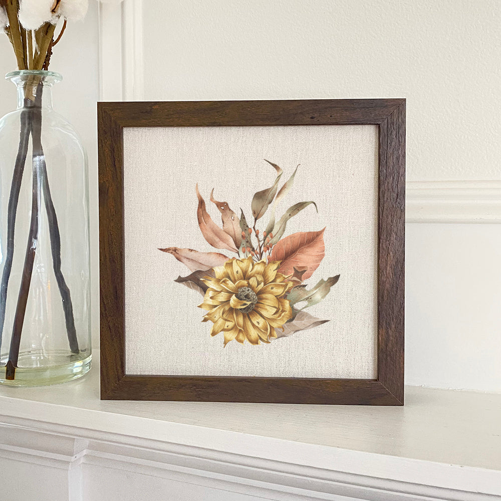 Dried Harvest Flowers Framed Sign with a wood frame and linen-look background, perfect for home decor.