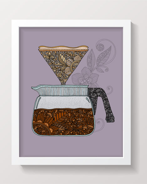 An 8x10 archival art print featuring original pen and ink coffee-themed artwork with vibrant digital coloring.