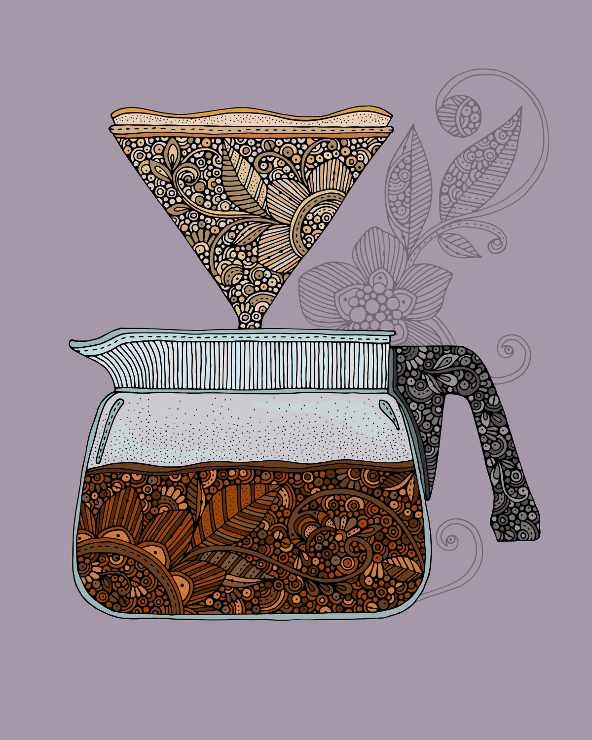 An 8x10 archival art print featuring original pen and ink coffee-themed artwork with vibrant digital coloring.