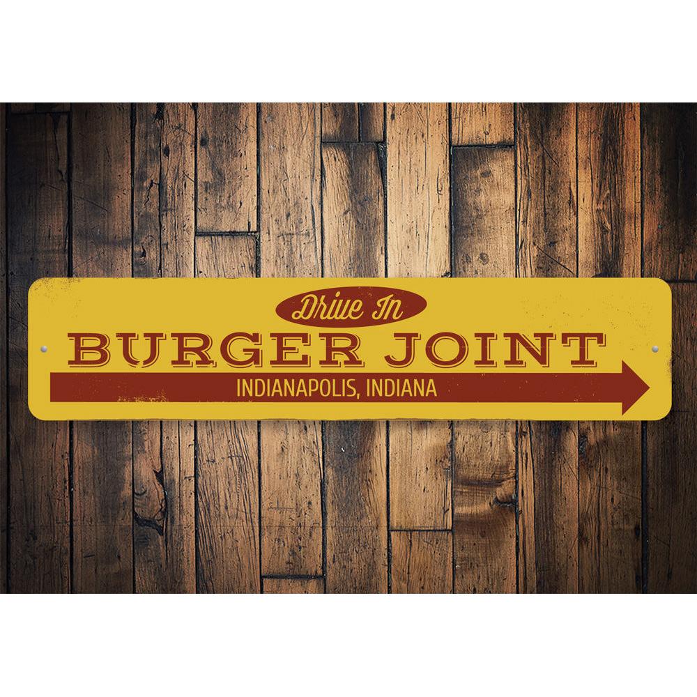 Drive In Burger Joint Sign made of high-quality aluminum, featuring customizable text and pre-drilled holes for easy mounting.