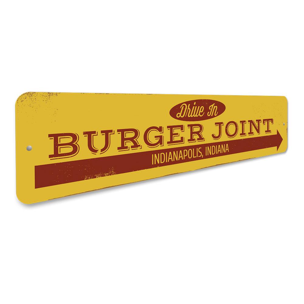 Drive In Burger Joint Sign made of high-quality aluminum, featuring customizable text and pre-drilled holes for easy mounting.