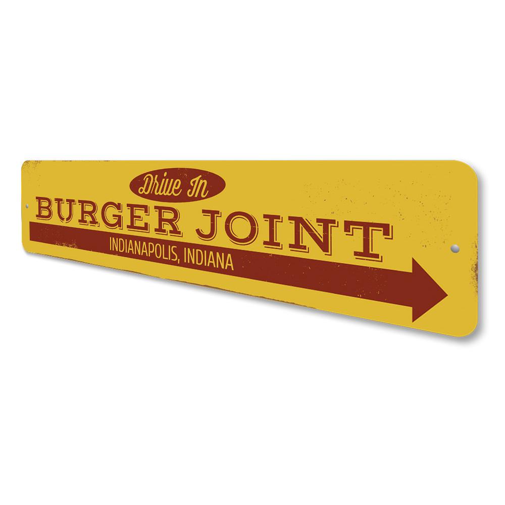 Drive In Burger Joint Sign made of high-quality aluminum, featuring customizable text and pre-drilled holes for easy mounting.