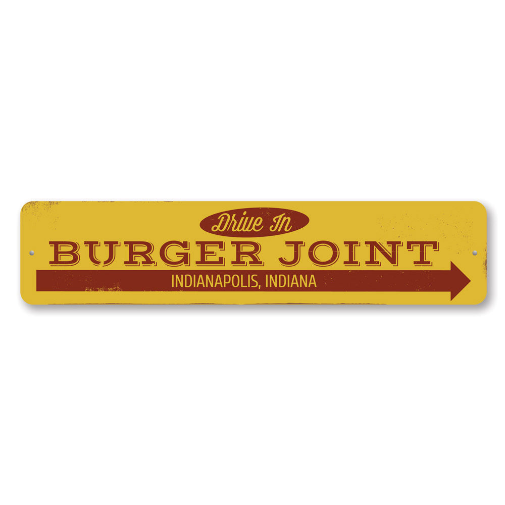 Drive In Burger Joint Sign made of high-quality aluminum, featuring customizable text and pre-drilled holes for easy mounting.