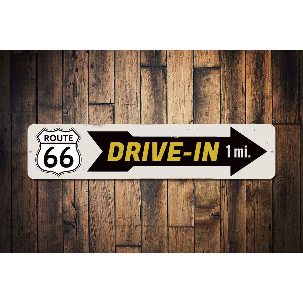 Drive-In Route 66 Sign made of durable aluminum, featuring vibrant colors and a nostalgic design, perfect for home decor.