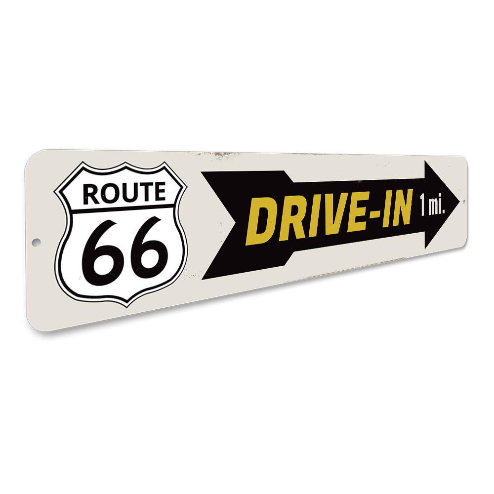 Drive-In Route 66 Sign made of durable aluminum, featuring vibrant colors and a nostalgic design, perfect for home decor.