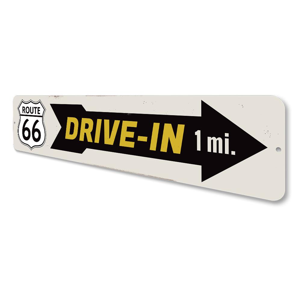 Drive-In Route 66 Sign made of durable aluminum, featuring vibrant colors and a nostalgic design, perfect for home decor.