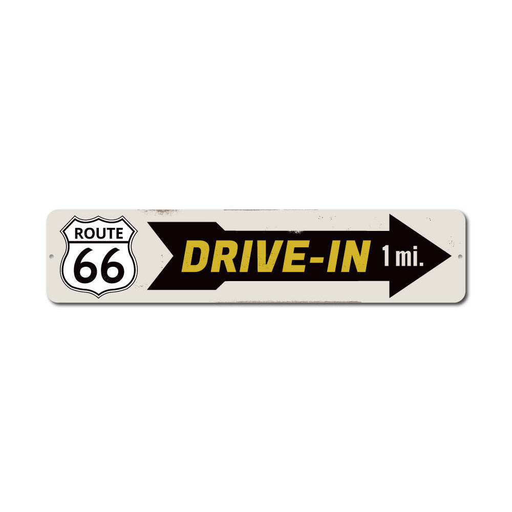 Drive-In Route 66 Sign made of durable aluminum, featuring vibrant colors and a nostalgic design, perfect for home decor.