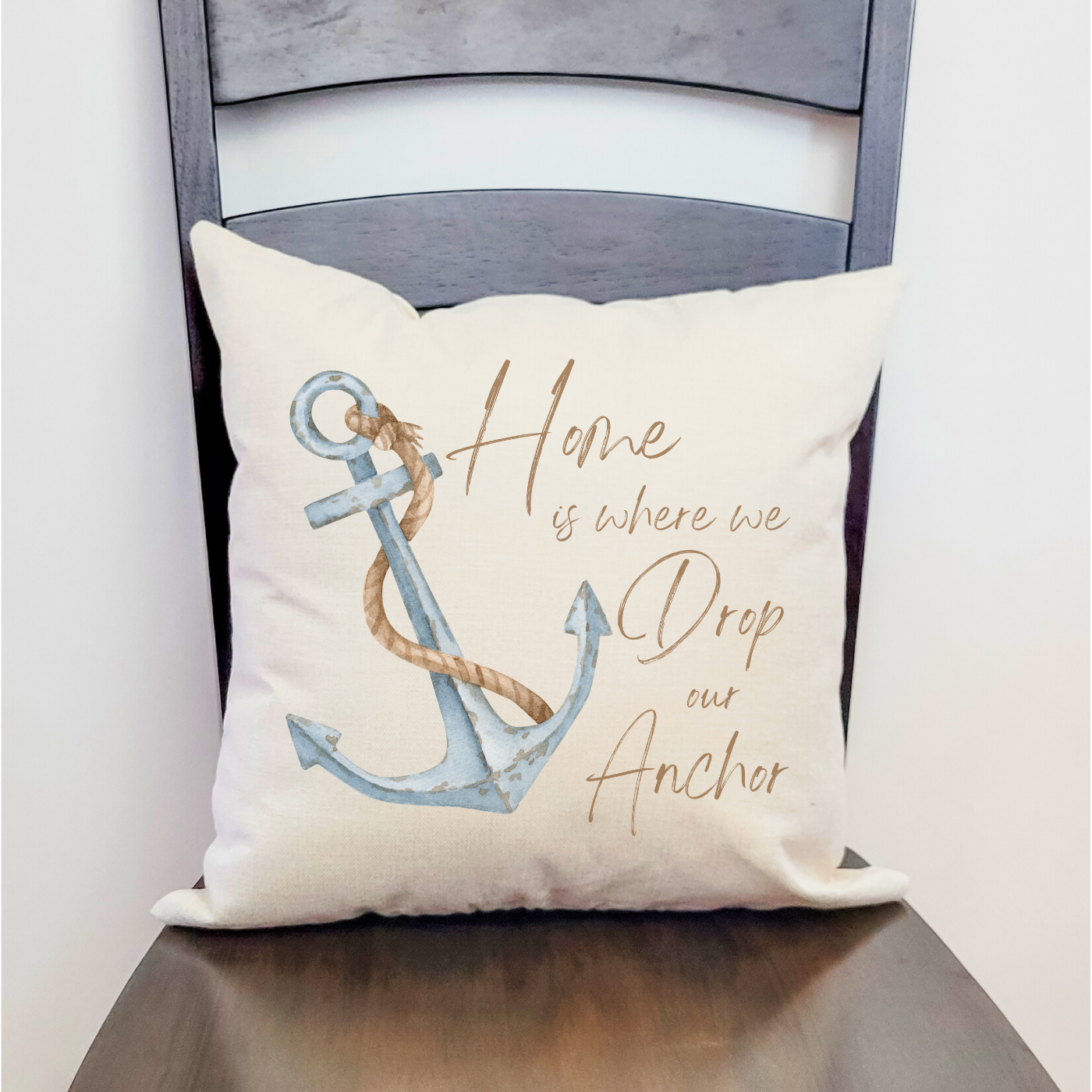 Drop Our Anchor Pillow Cover featuring ocean-inspired design on soft beige linen fabric with hidden zipper.