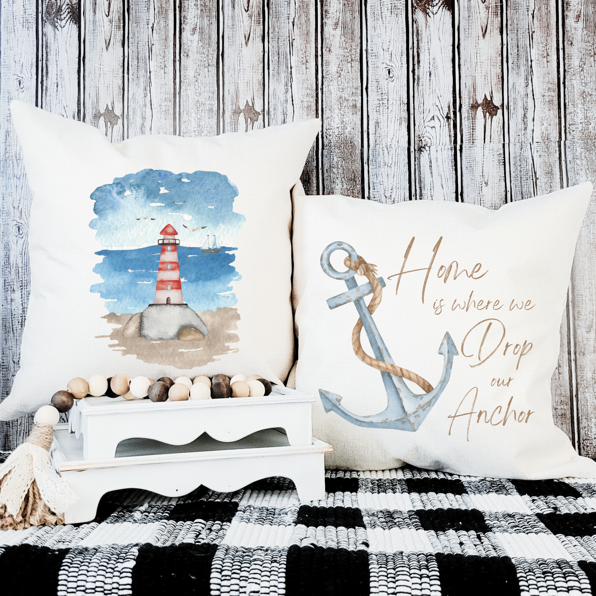 Drop Our Anchor Pillow Cover featuring ocean-inspired design on soft beige linen fabric with hidden zipper.