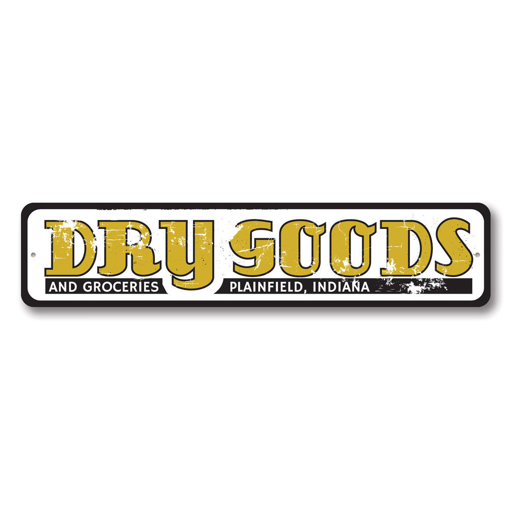 A decorative Dry Goods and Groceries Sign made of high-quality aluminum, featuring customizable text options, ideal for businesses and homes.