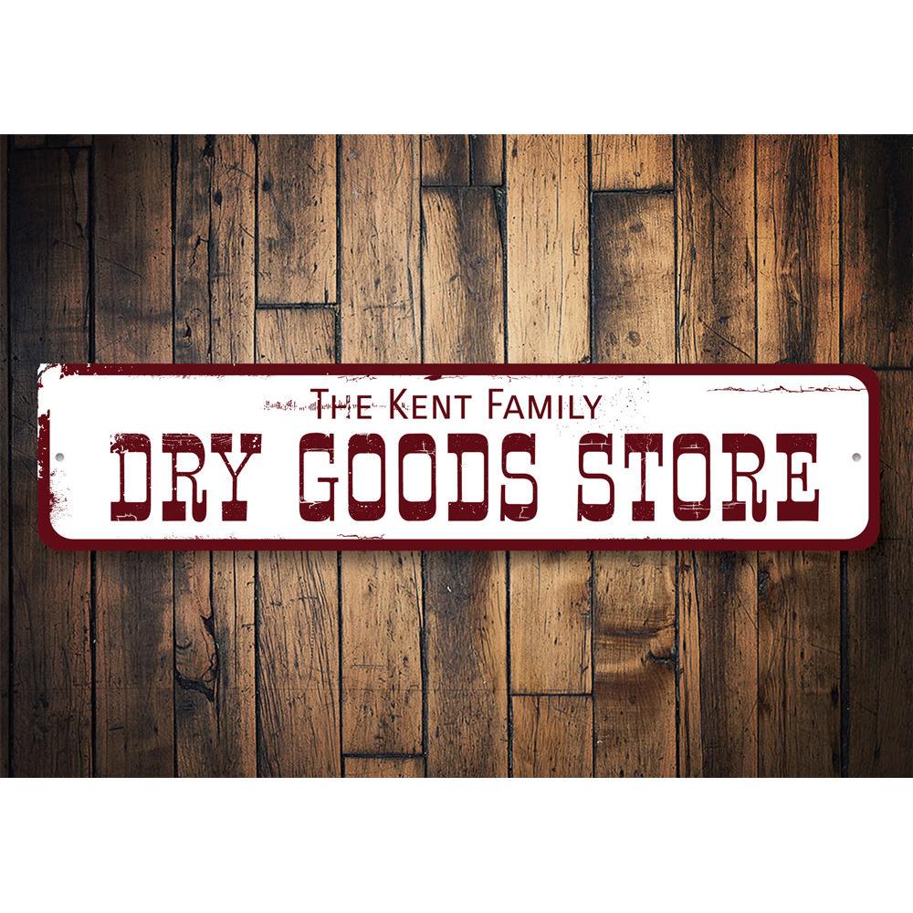 Customizable Dry Goods Store Sign made of high-quality aluminum, featuring pre-drilled holes for easy mounting, perfect for businesses.