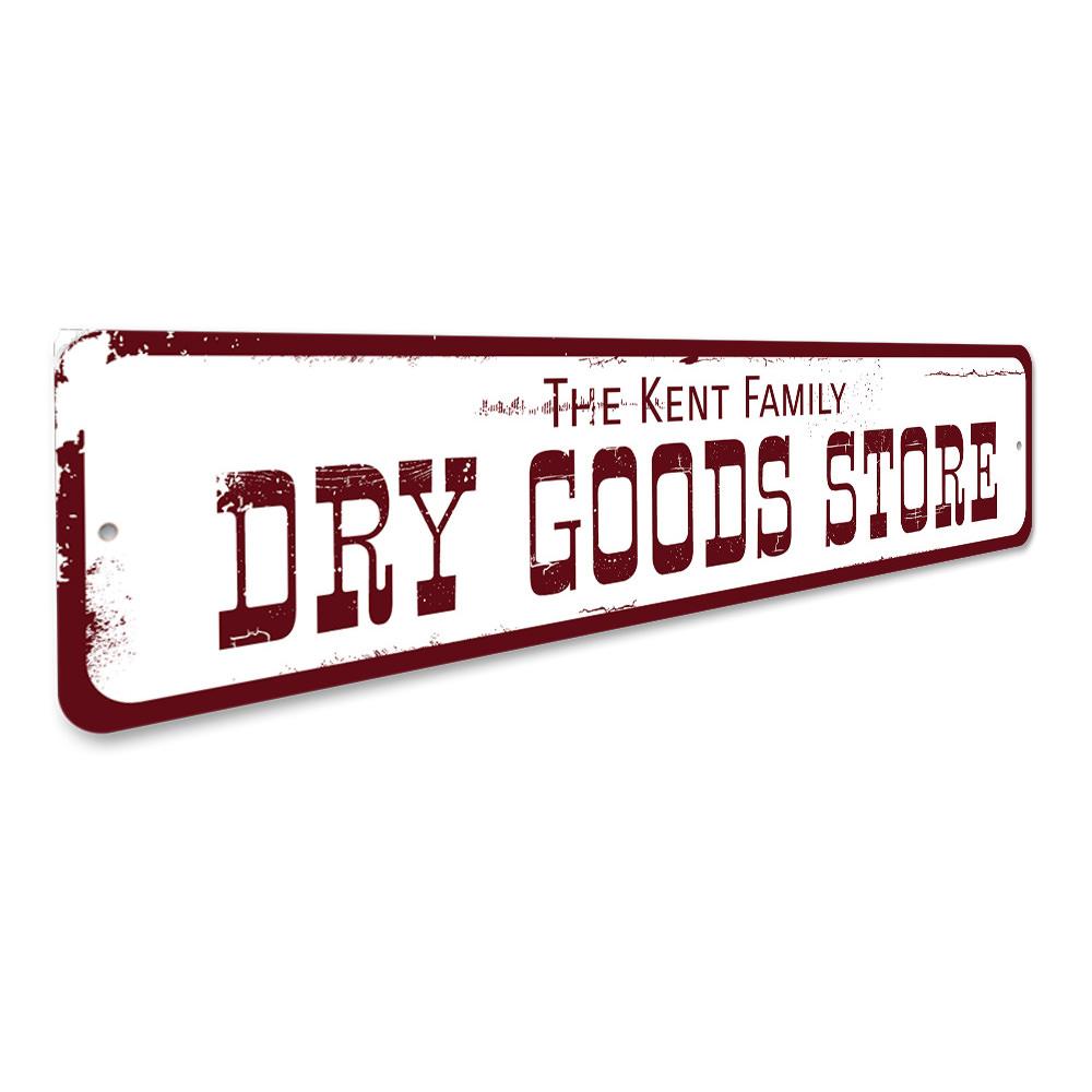 Customizable Dry Goods Store Sign made of high-quality aluminum, featuring pre-drilled holes for easy mounting, perfect for businesses.