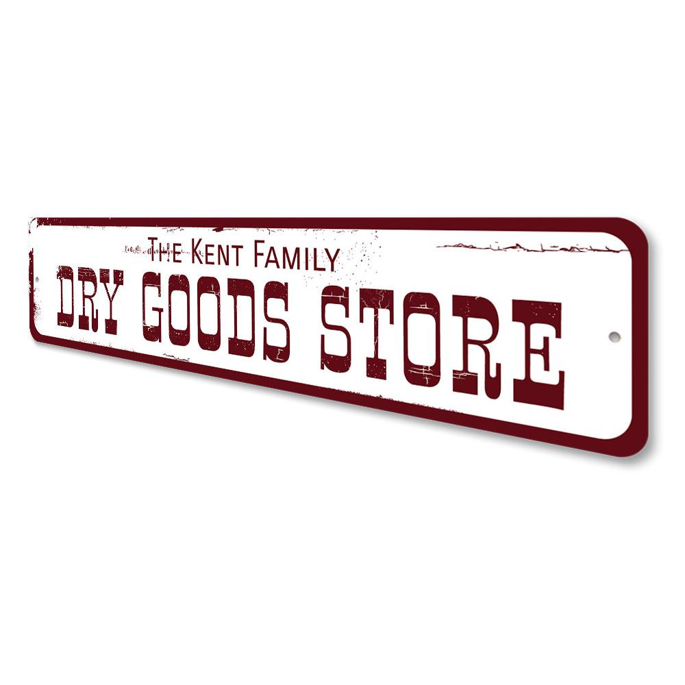 Customizable Dry Goods Store Sign made of high-quality aluminum, featuring pre-drilled holes for easy mounting, perfect for businesses.