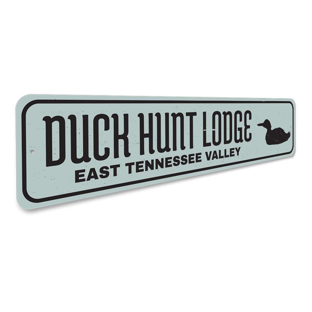 Duck Hunt Lodge Sign made of high-quality aluminum, featuring customizable text and pre-drilled holes for easy mounting.