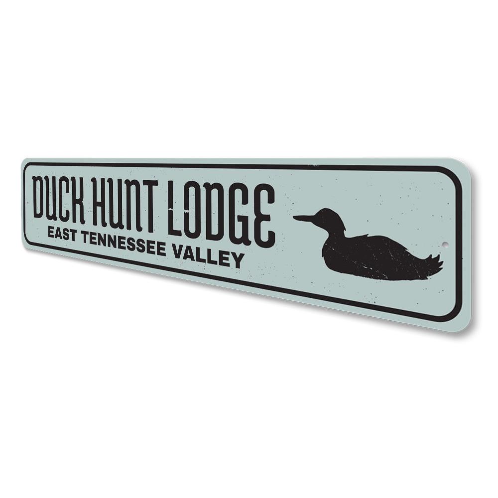 Duck Hunt Lodge Sign made of high-quality aluminum, featuring customizable text and pre-drilled holes for easy mounting.