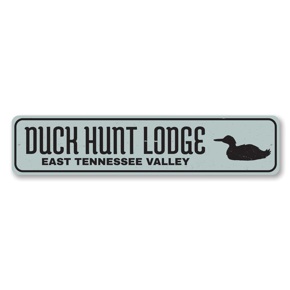 Duck Hunt Lodge Sign made of high-quality aluminum, featuring customizable text and pre-drilled holes for easy mounting.