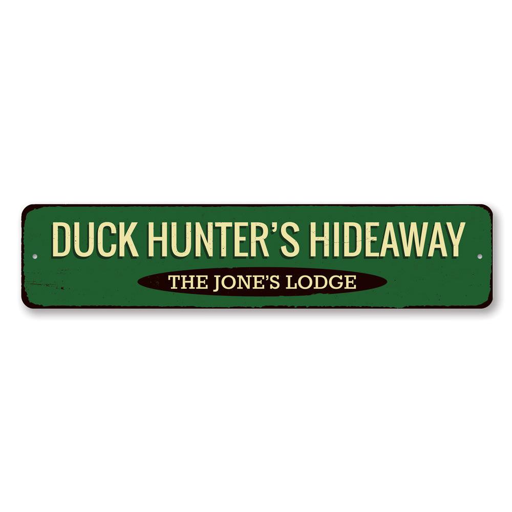 Duck Hunter Sign made of high-quality aluminum, featuring a hunting theme, perfect for home decor.