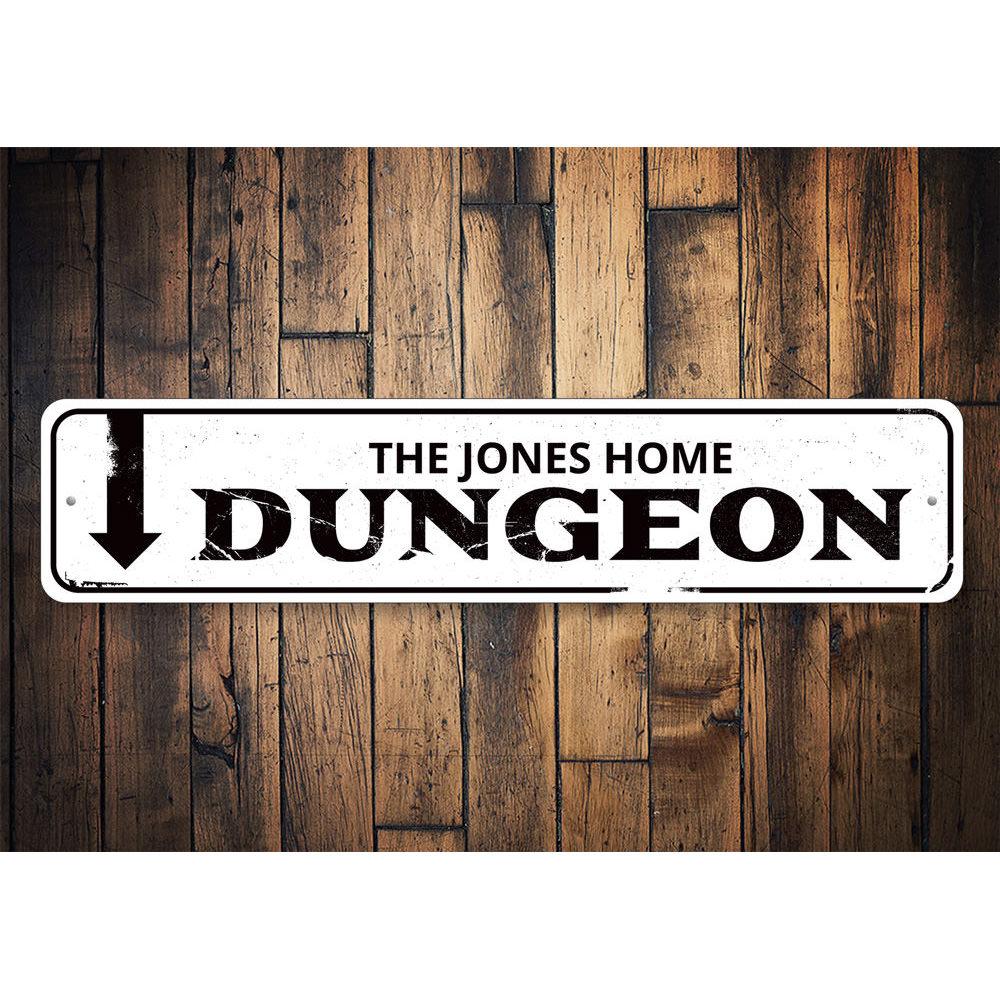 A spooky Dungeon Sign made of high-quality aluminum, featuring customizable text for Halloween decorations.