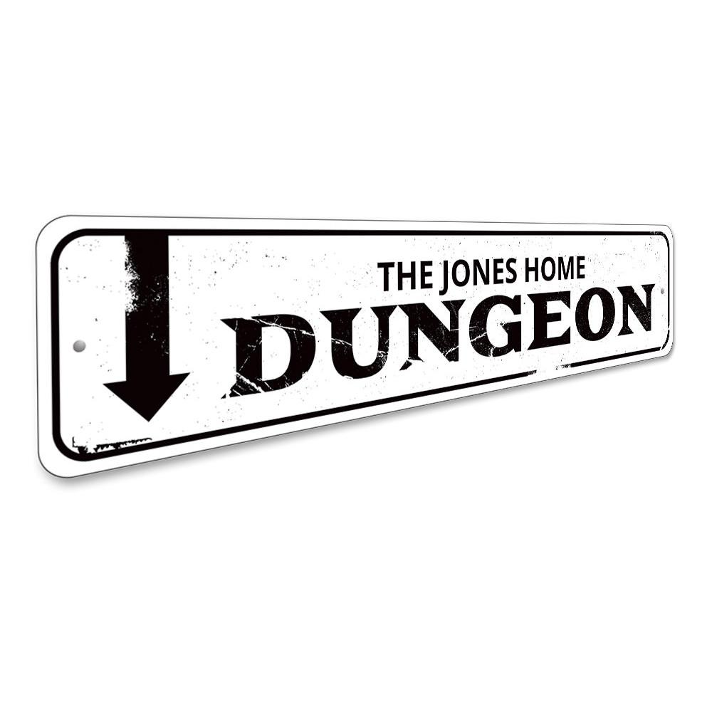 A spooky Dungeon Sign made of high-quality aluminum, featuring customizable text for Halloween decorations.