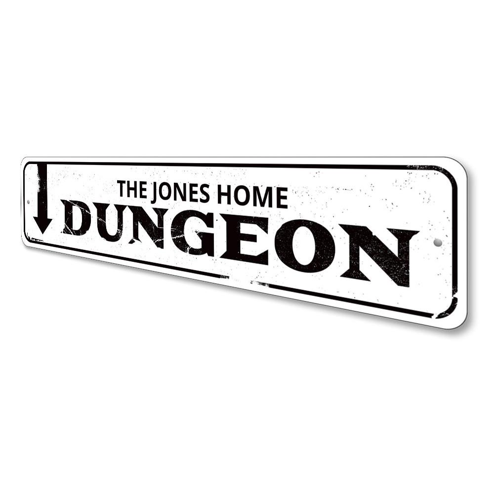 A spooky Dungeon Sign made of high-quality aluminum, featuring customizable text for Halloween decorations.