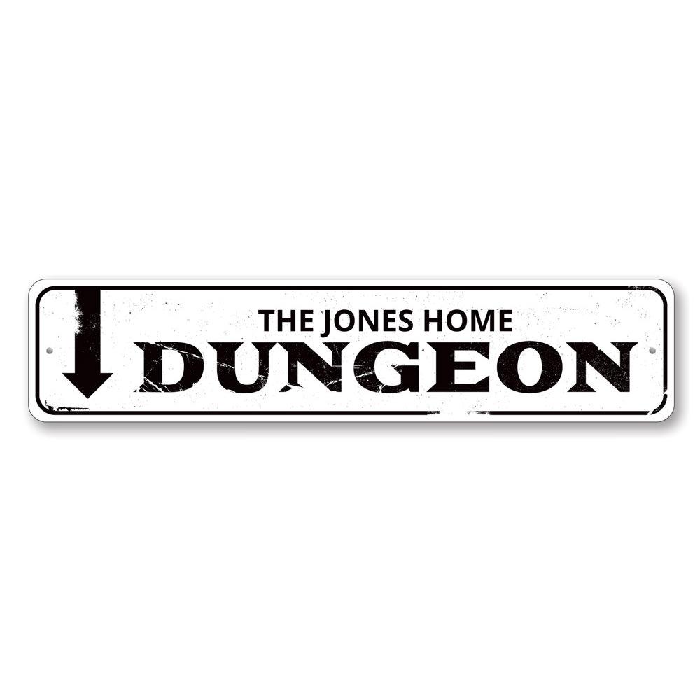 A spooky Dungeon Sign made of high-quality aluminum, featuring customizable text for Halloween decorations.