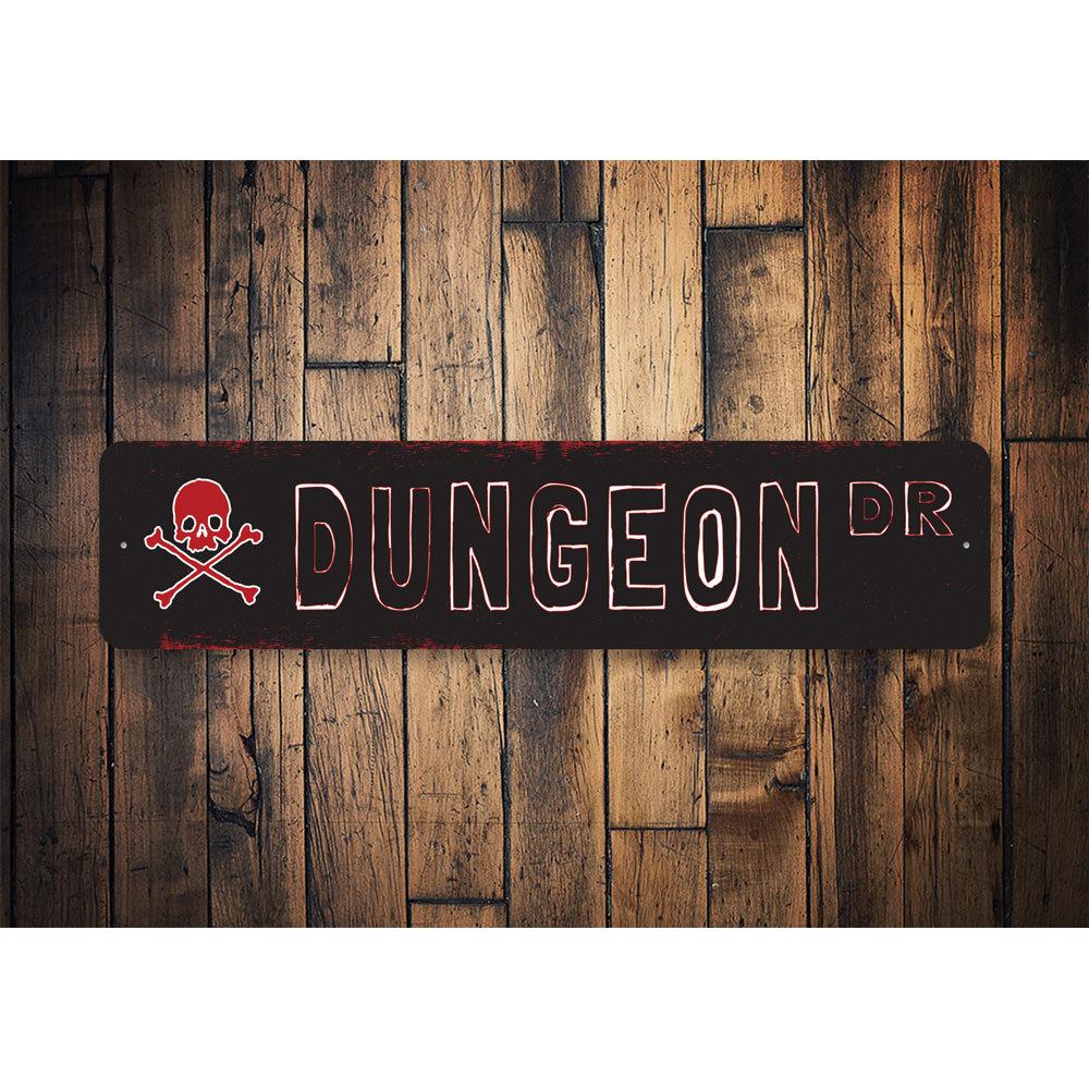 A custom Dungeon Street Sign made of high-quality aluminum, featuring a unique design suitable for home decor.