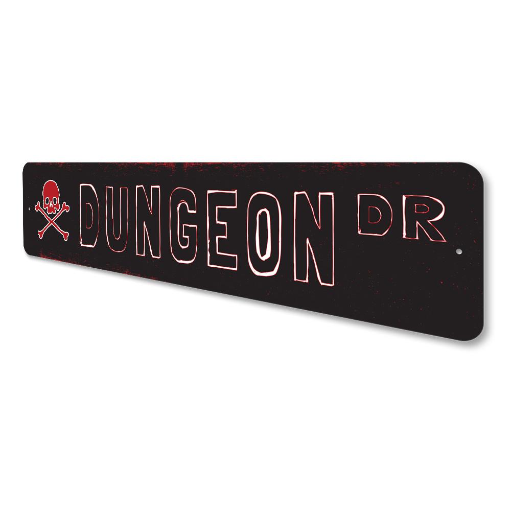 A custom Dungeon Street Sign made of high-quality aluminum, featuring a unique design suitable for home decor.