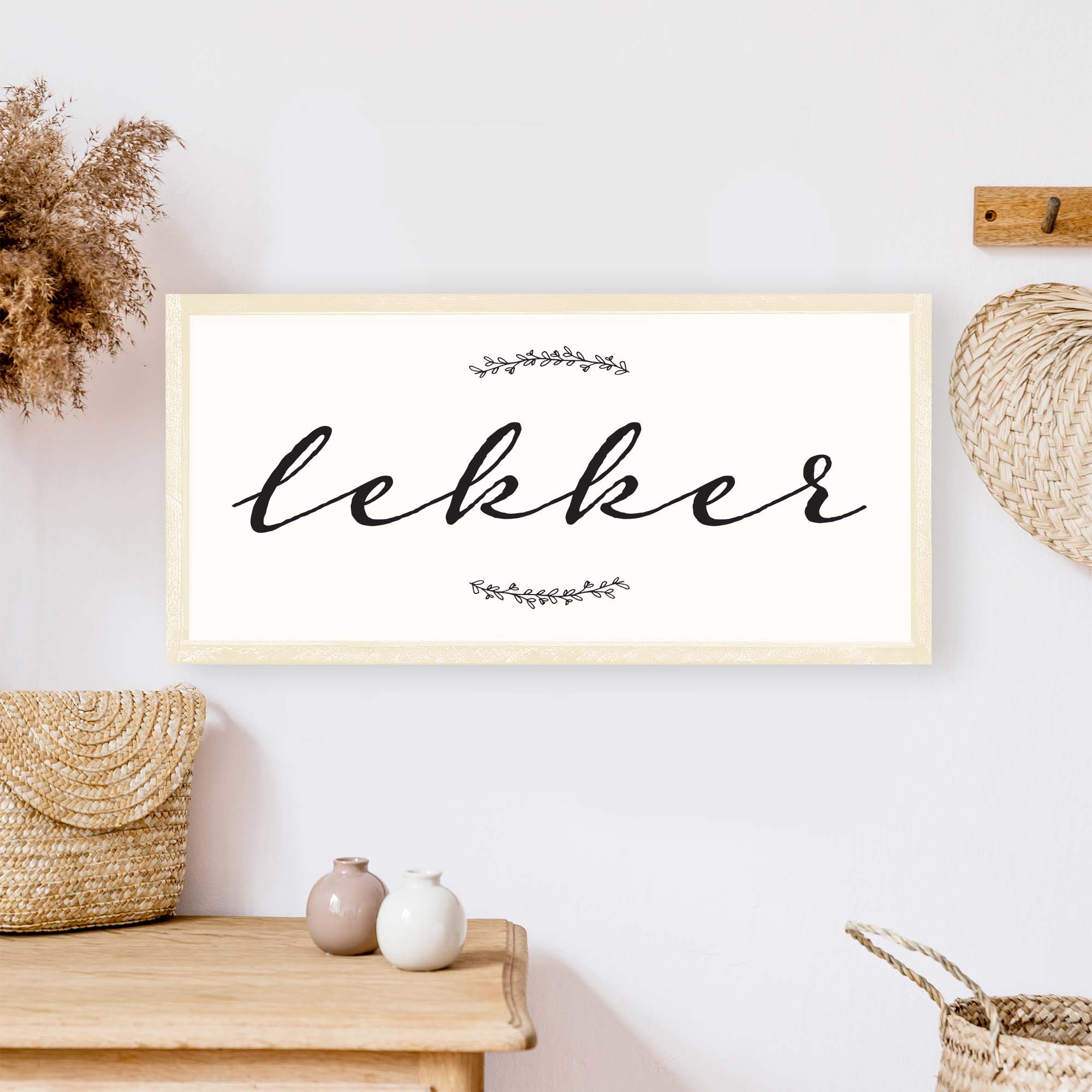 A beautifully crafted Dutch Lekker Wood Sign measuring 13x13 inches, featuring a stained pine wood frame and waterproof black text on a white background.