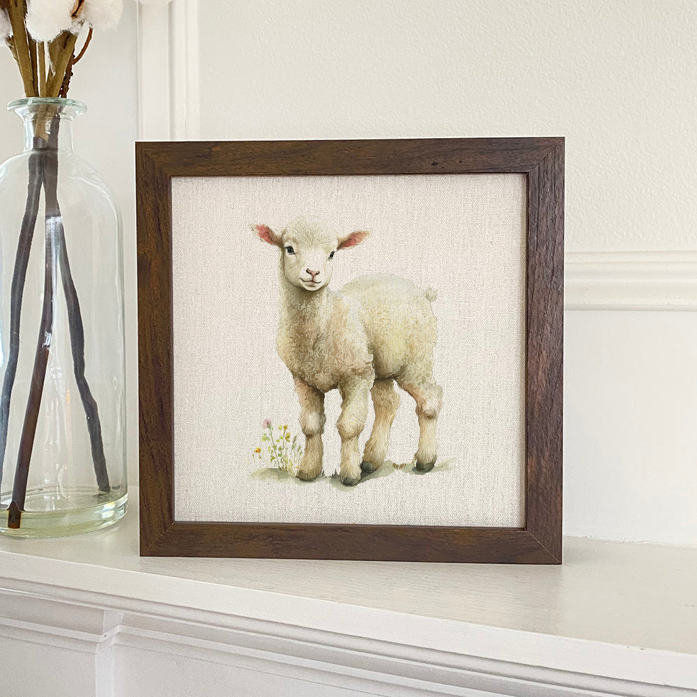 Easter Lamb framed sign with a natural linen-style background and walnut frame, perfect for seasonal decor.