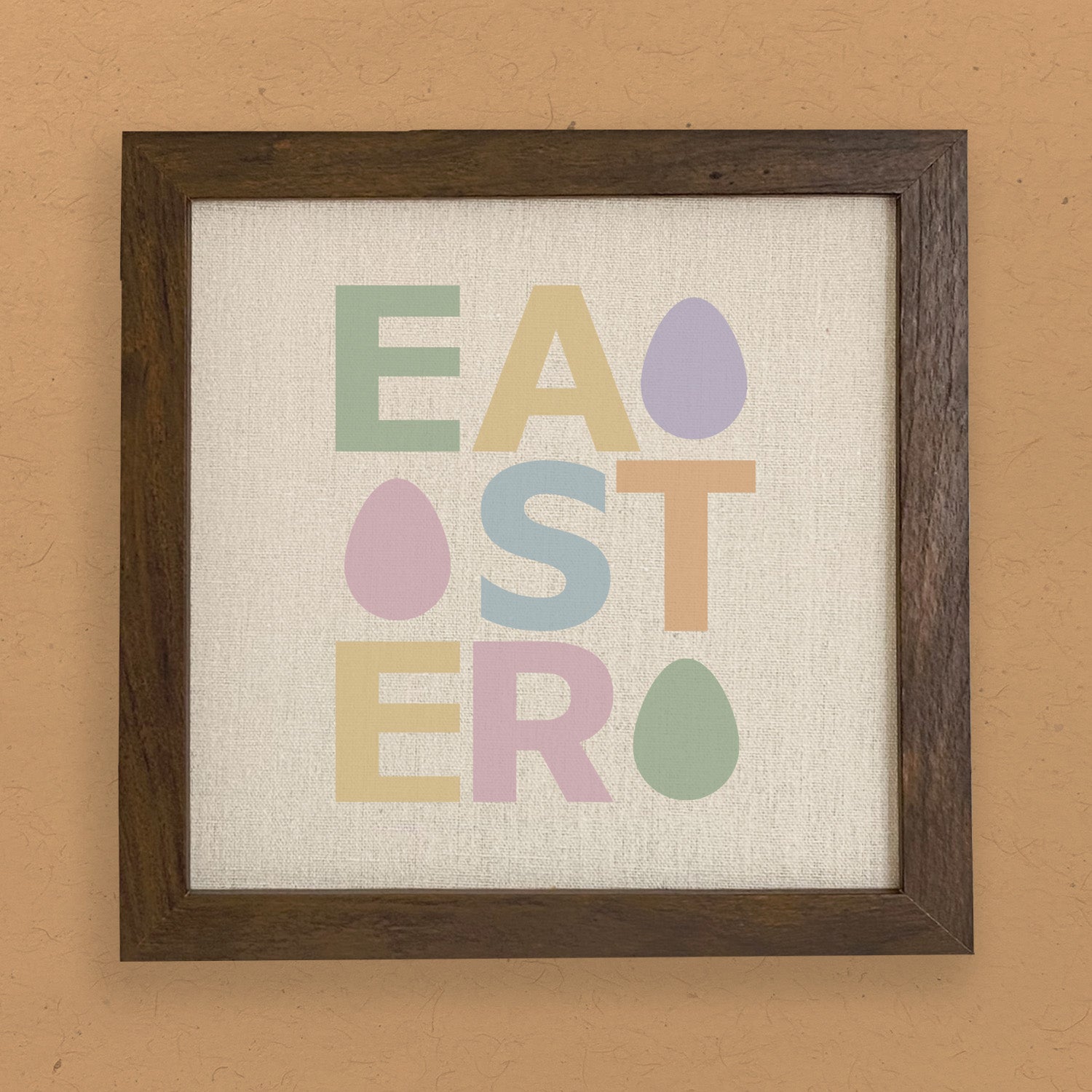 Easter Text with Eggs framed sign featuring a wood frame, eggs design, and linen-look background, perfect for seasonal decor.