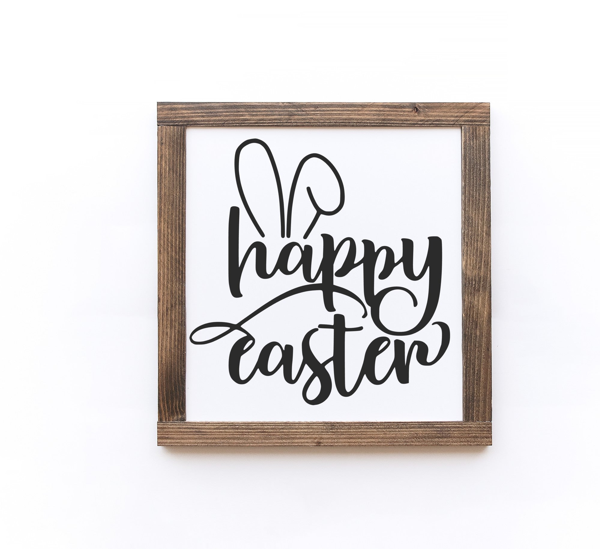 Handmade Easter wood signs in white with painted lettering, available in two sizes, showcasing unique wood grain and knots.