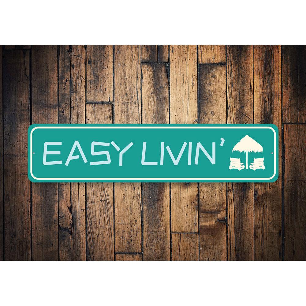 Easy Livin' Beach Sign made of quality aluminum, featuring a beach-themed design, perfect for home decor.